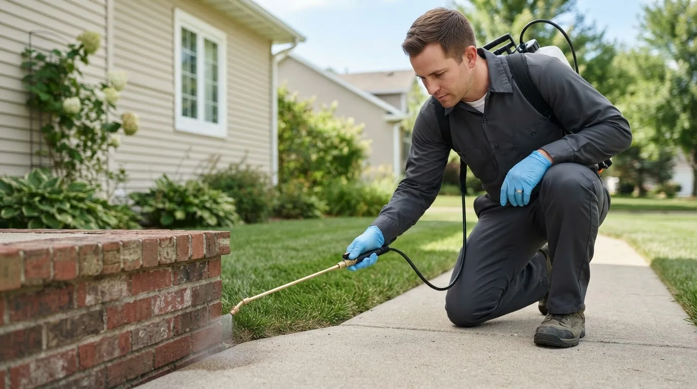 Pest control technician treating a home near Roans Prairie, TX